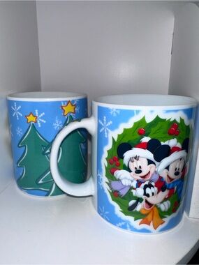 Disney Blue Mickey & Minnie Holiday Wreath Mug Set